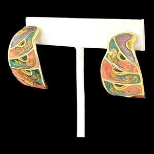 Vintage Designer Earrings Gold Tone Handpainted Shimmer Enamel 1980s Pierced 3G